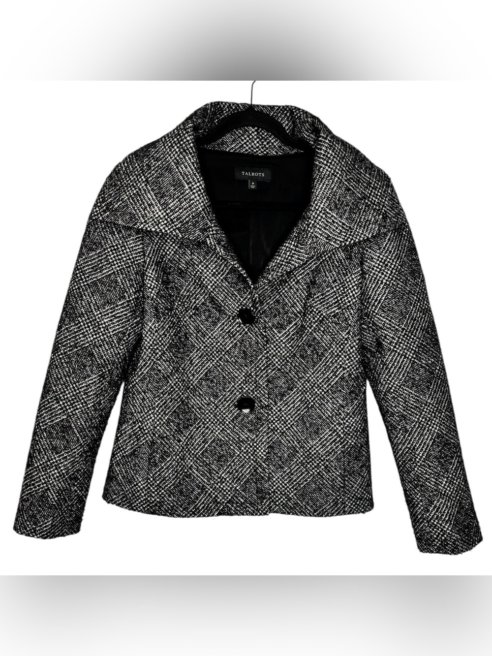 Talbots Black and Gray Plaid Wool Blend Big Collar Tweed Blazer Size 8